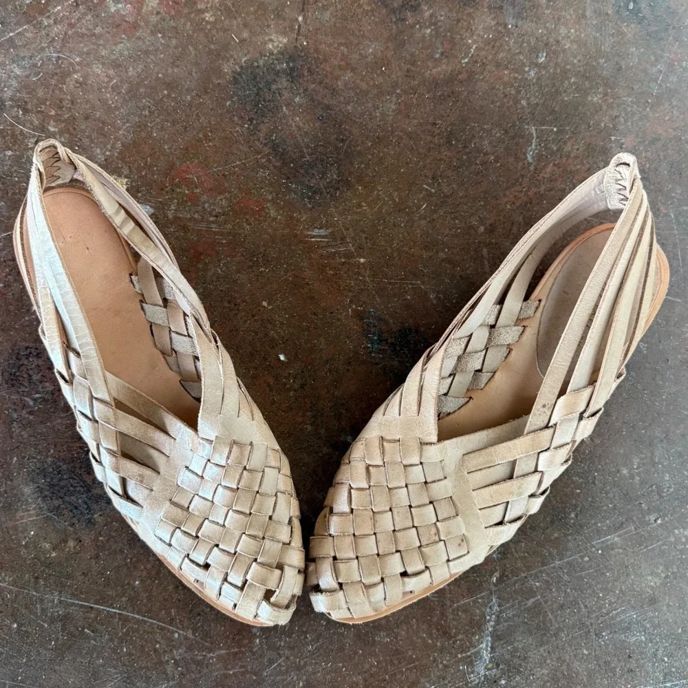 Vtg 90s Nine West Slingback Wedge Sandal Woven Leather Flats Womens 8.5N Coastal